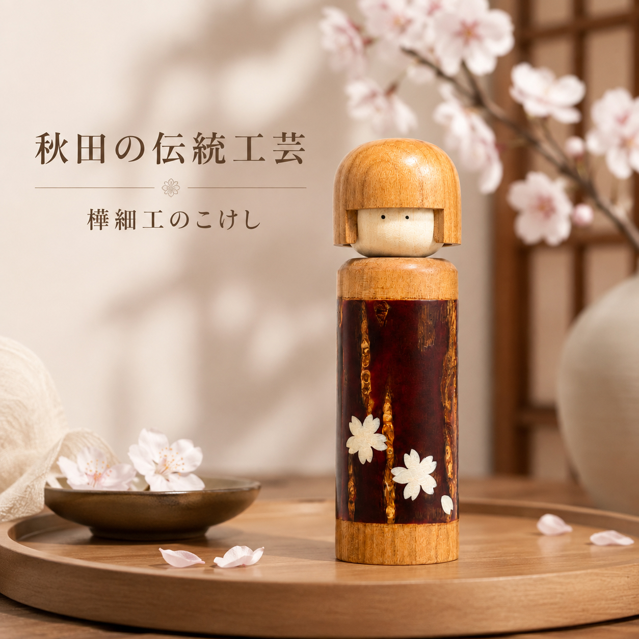 秋田の伝統工芸 樺細工こけしを飾ったイメージ