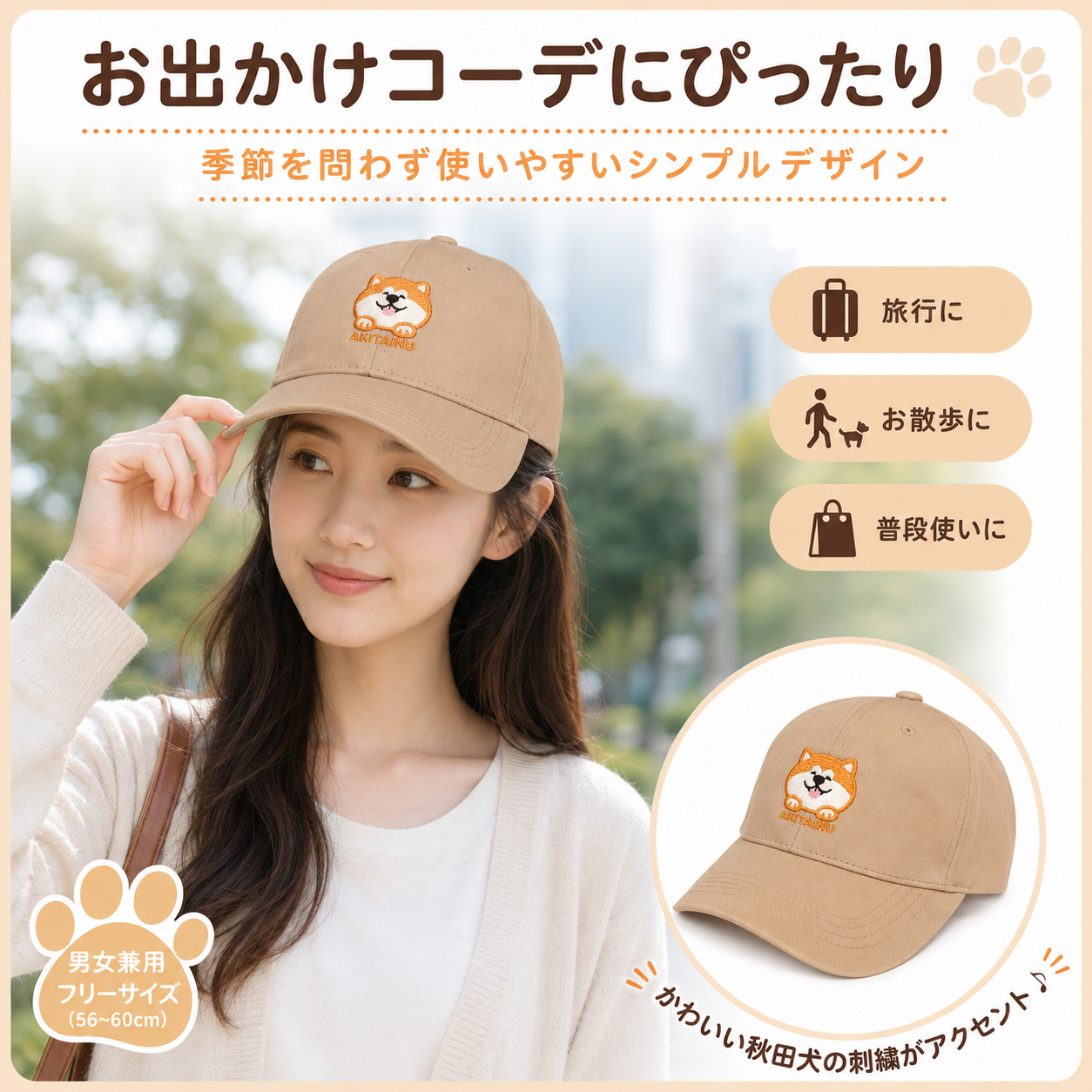 ブラックの秋田犬刺繍キャップ着用イメージ