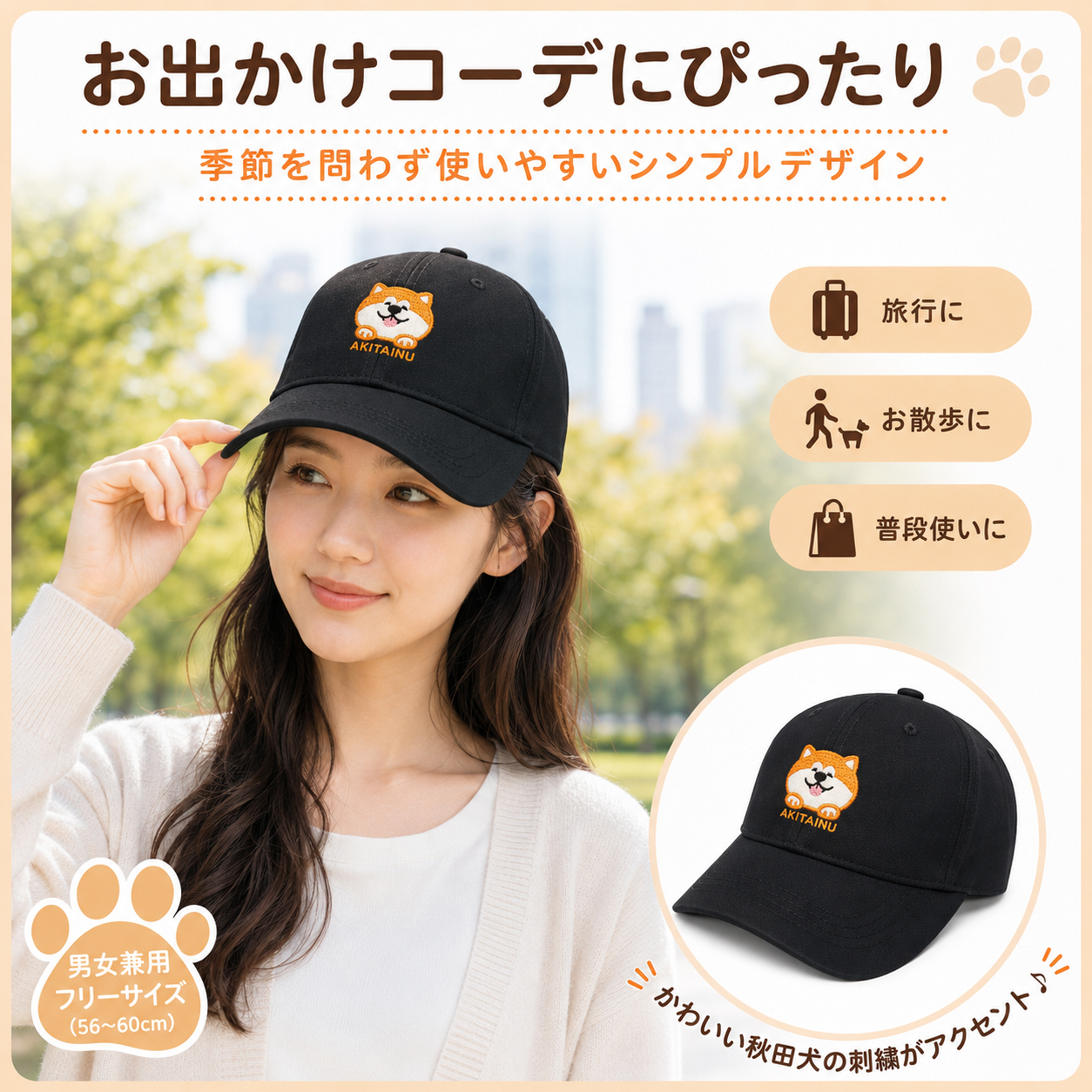 秋田犬キャップのお出かけ着用イメージ