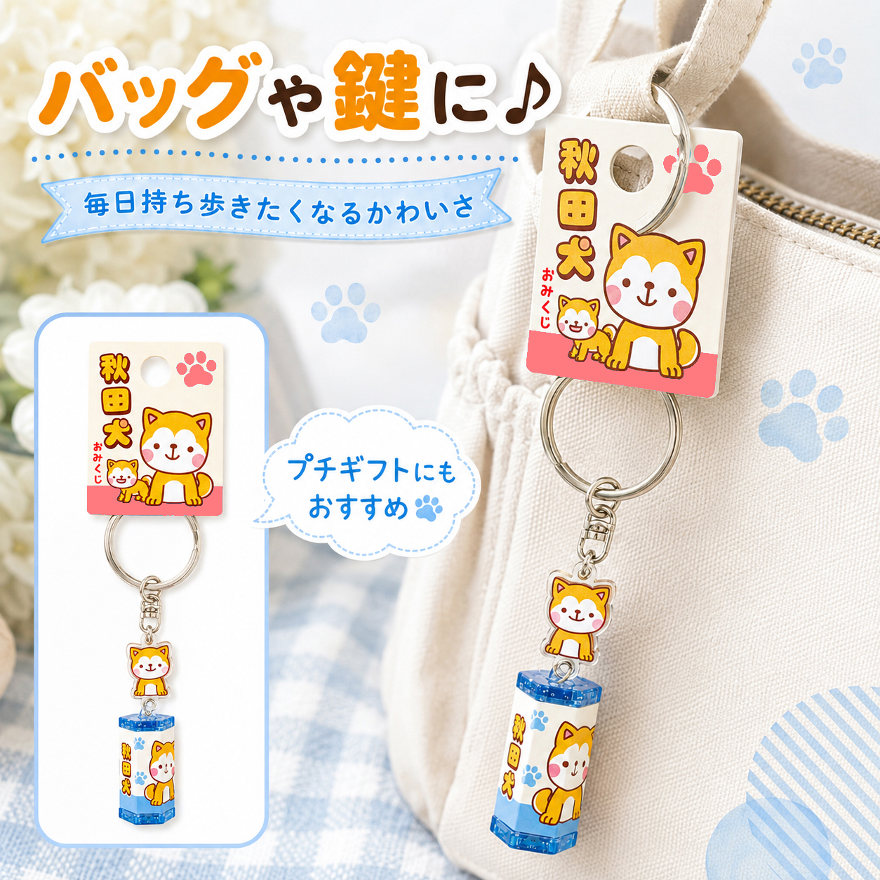 バッグに取り付けた秋田犬おみくじキーホルダー