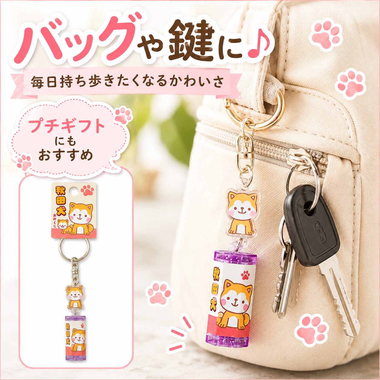 秋田犬おみくじキーホルダー使用イメージ