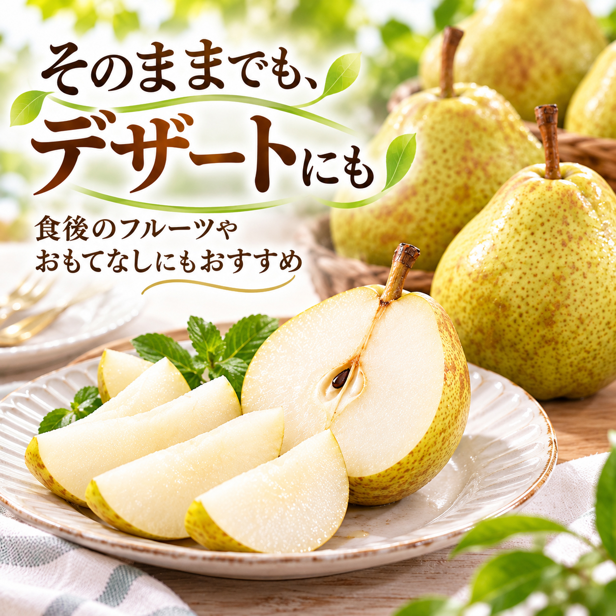 洋梨をカットしたデザートの盛付けイメージ