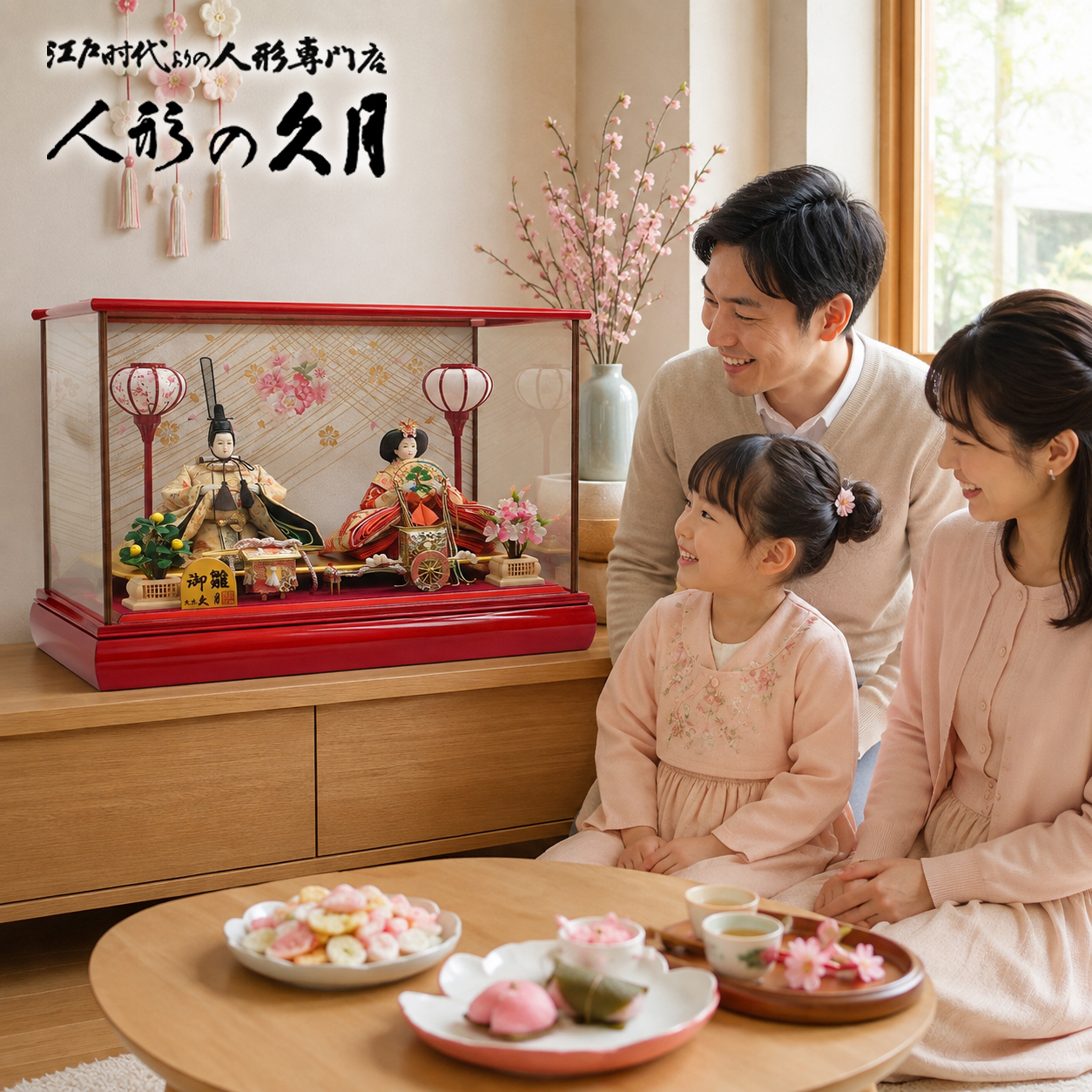 雛人形を飾ってひな祭りを祝う家族