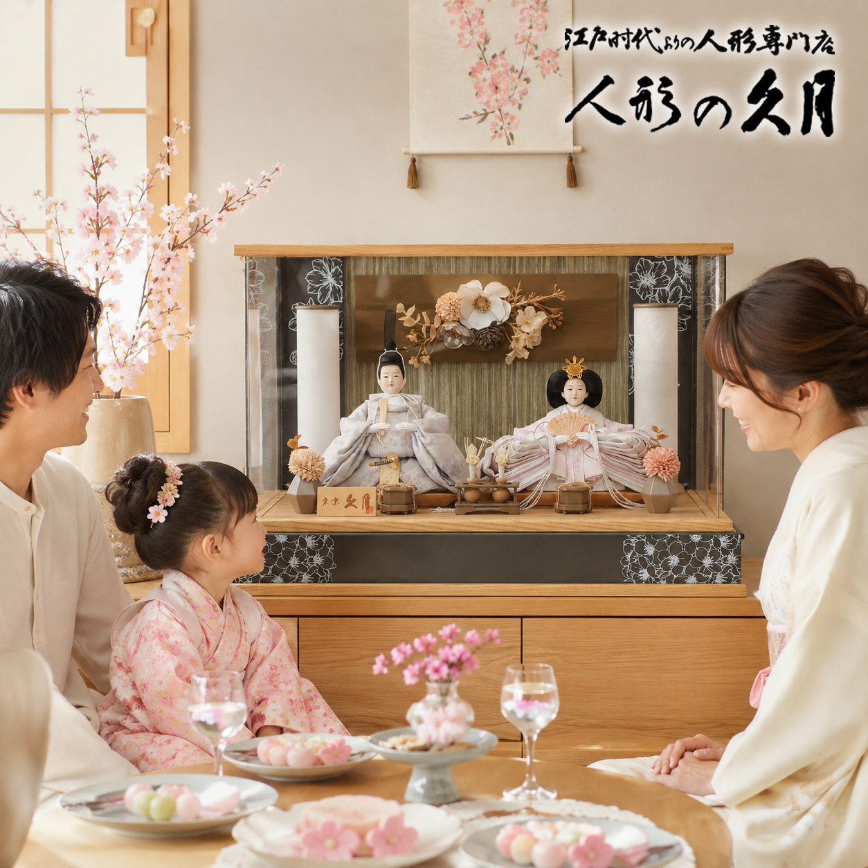 雛人形を囲み家族で雛まつりを祝う飾りイメージ