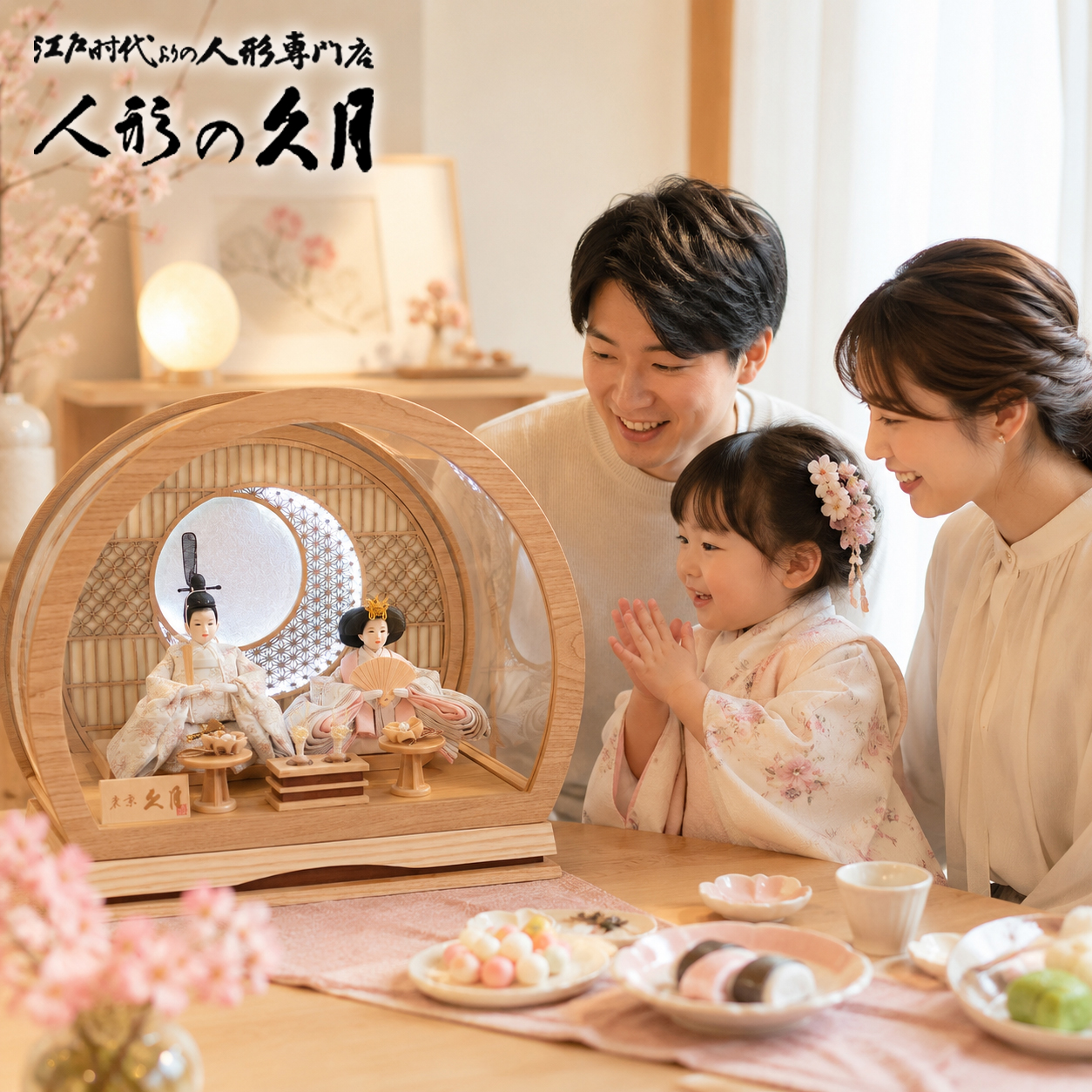 久月 雛人形を囲んで雛まつりを祝う家族