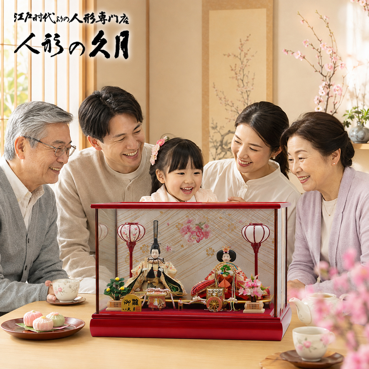 祖父母と一緒に雛祭りを祝う家族
