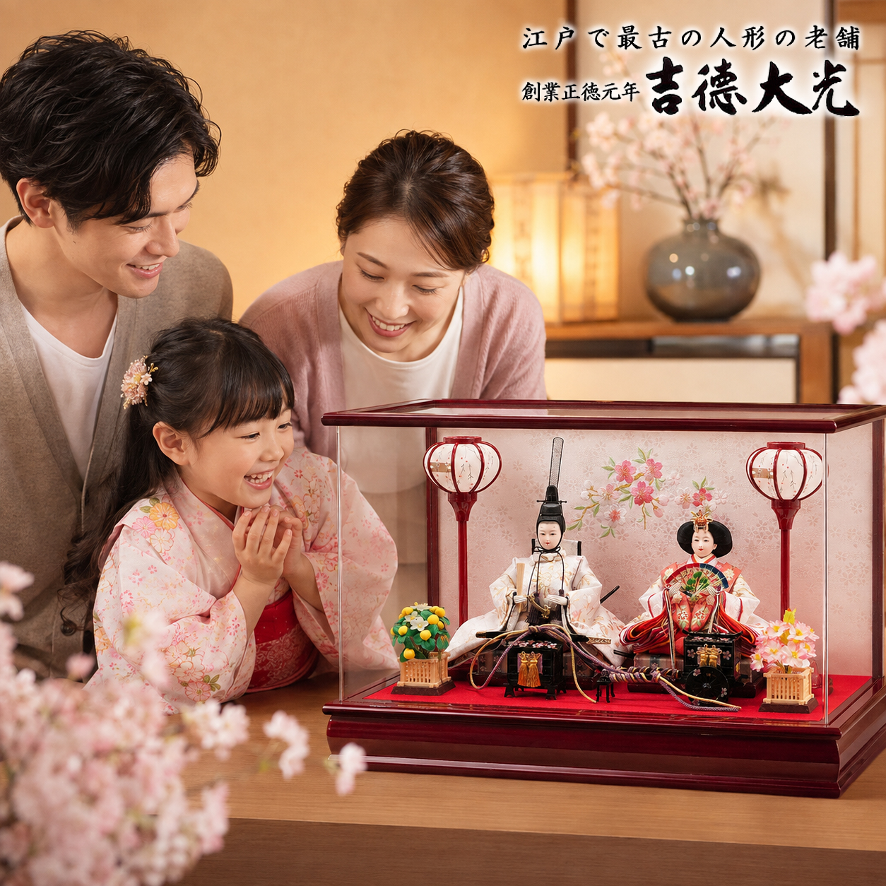 雛人形を囲んでひな祭りを祝う家族