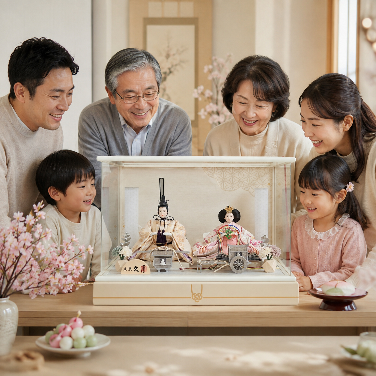 祖父母と家族で雛まつりを祝う様子