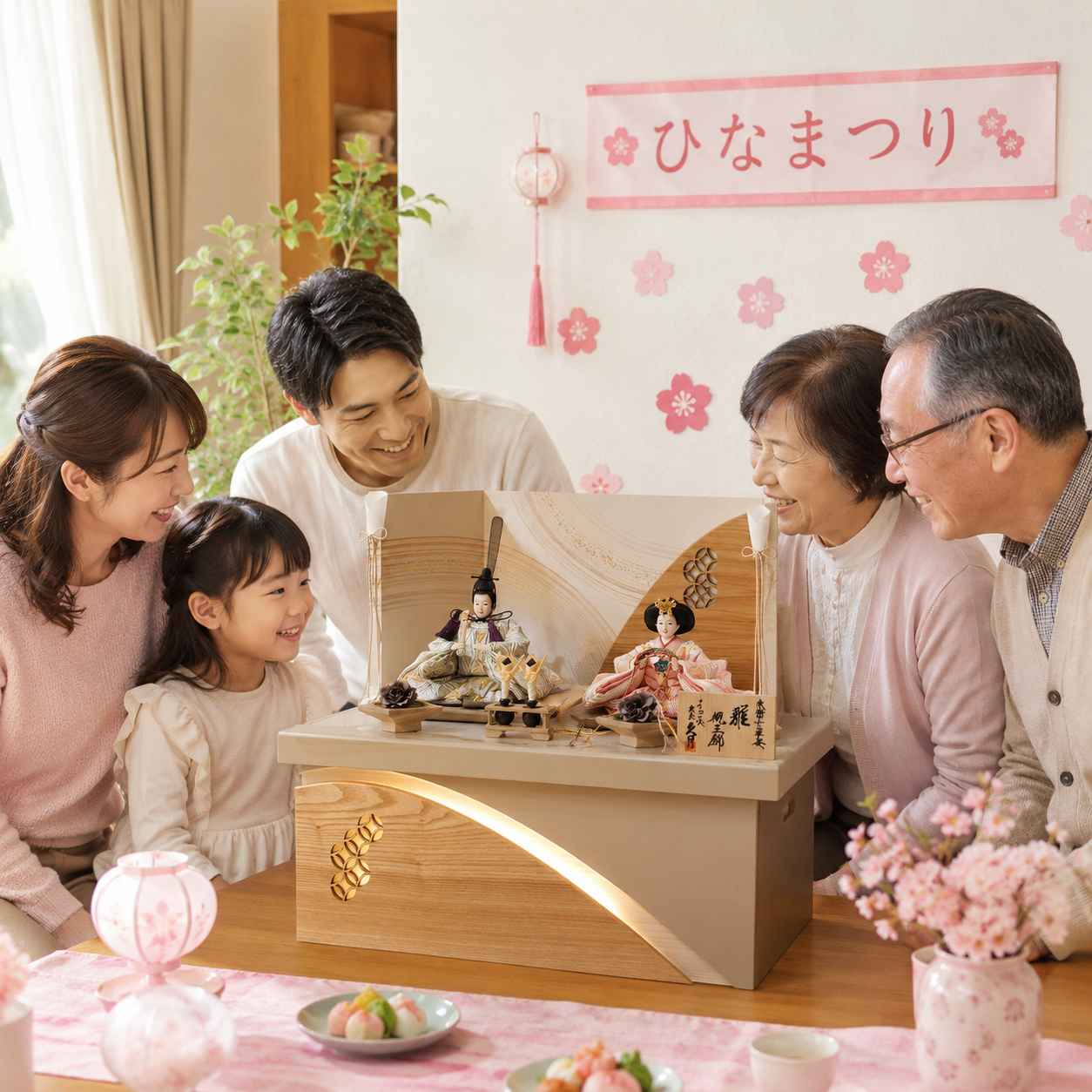 祖父母と雛祭りを祝う家族