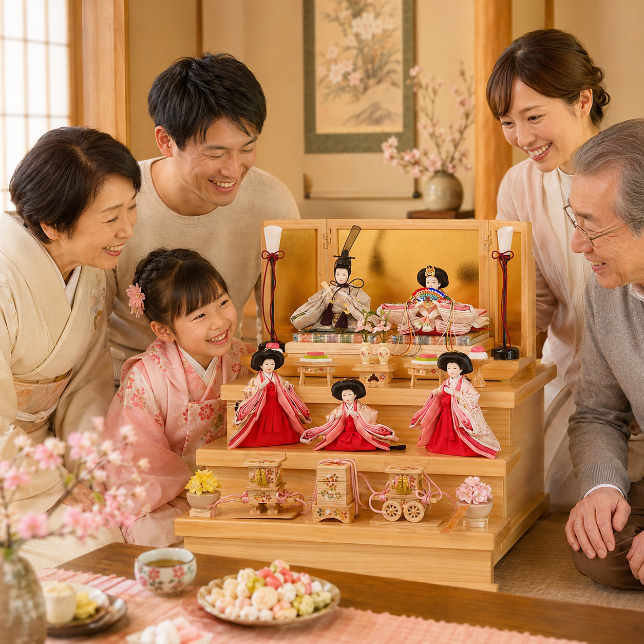 祖父母と家族で雛人形を囲む初節句